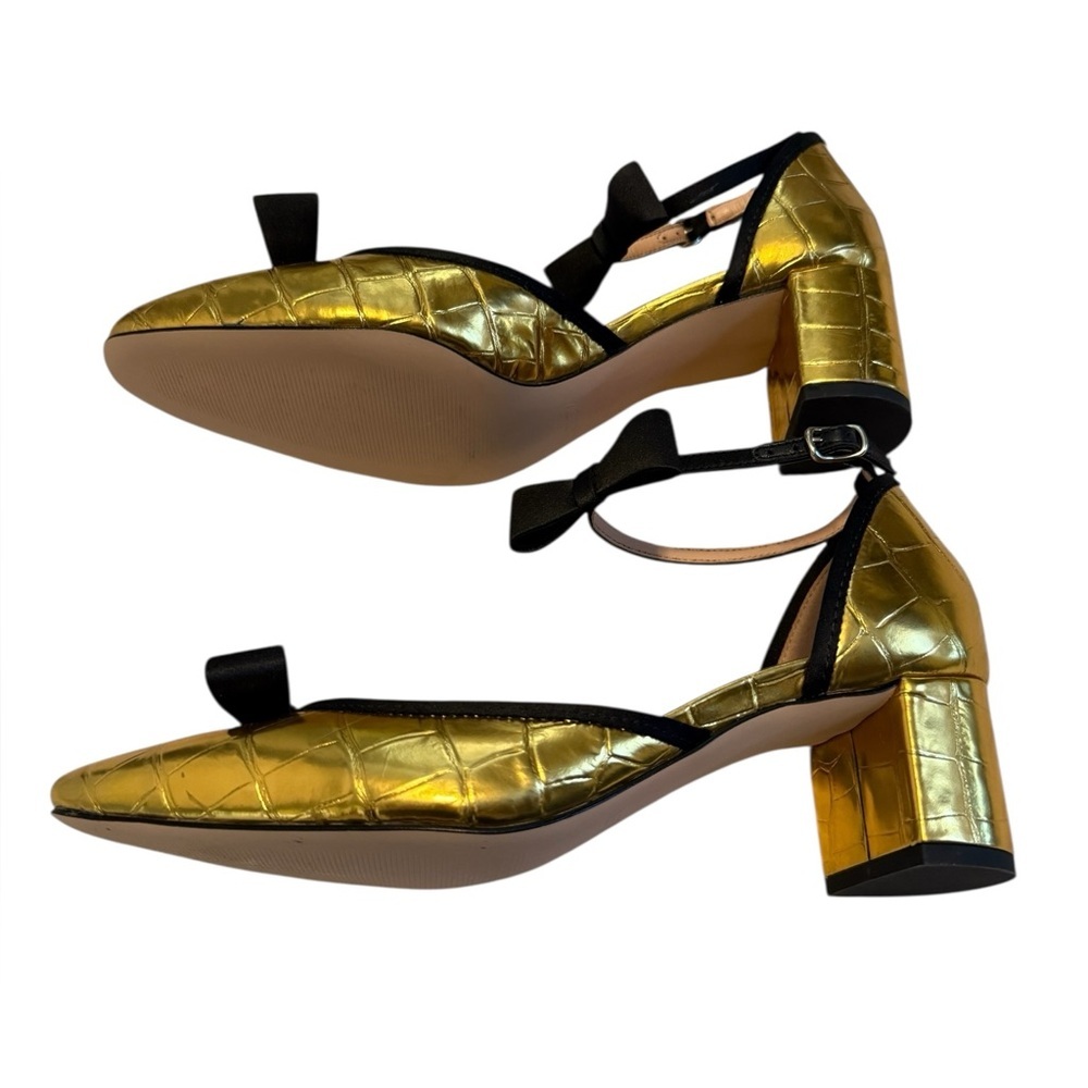 Millie Bow Ankle-Strap Heels in Metallic Croc-Embossed Leather in Gold Size 8.5 - Picture 4 of 13